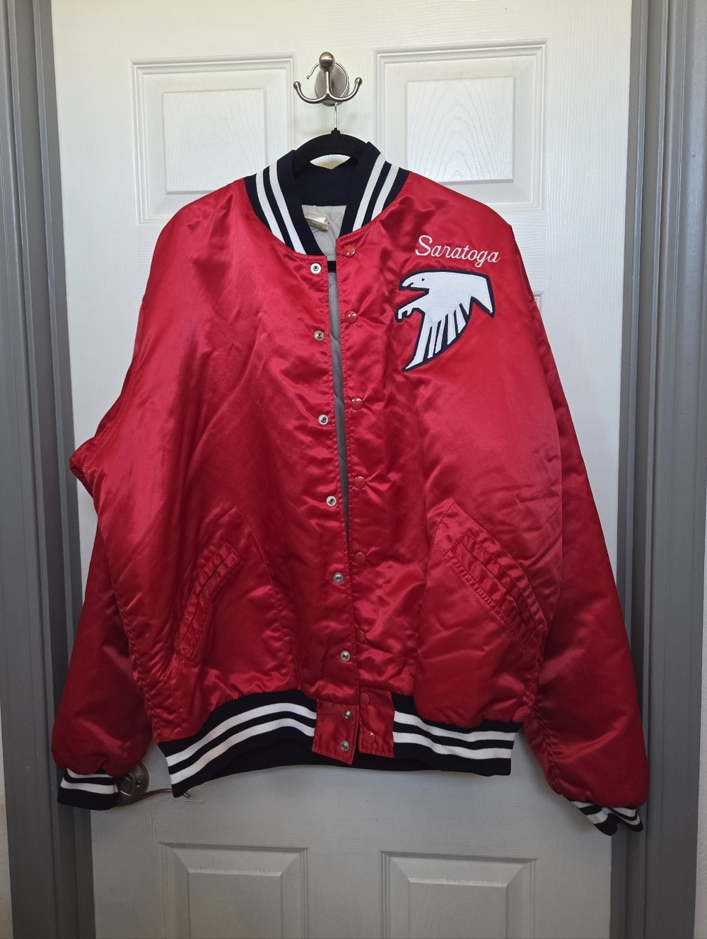 VTG. Red varsity jacket Saratoga Embroidered logo with white & navy accents